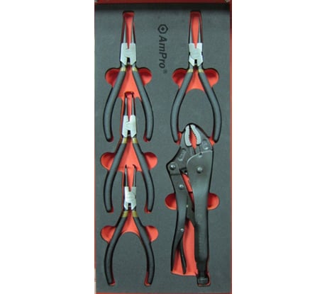 Набор съемников стопорных колец и плоскогубцы AmPro 5 предметов, в мягком ложементе T28944