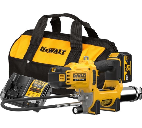 Пистолет смазочный аккумуляторный Dewalt 18 В, 690 бар, аккумулятор 5 Ач, зарядное устройство, сумка DCGG581P1G-QW