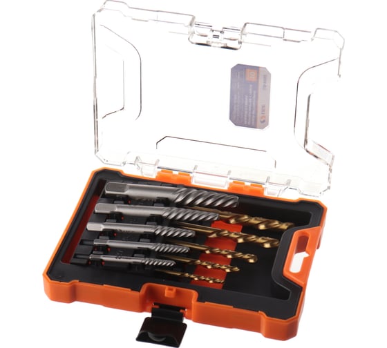 Набор экстракторов шпильковертов LIGE с левой резьбой и сверел, 10 предметов, D=3-18 мм, D=3/32-5/16 дюйма 754666