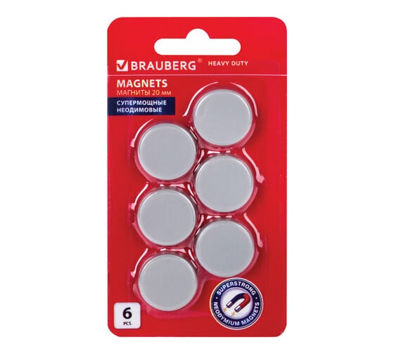 Супермощные неодимовые магниты BRAUBERG HEAVY DUTY малого диаметра 20 мм, набор 6 шт., серые 237485