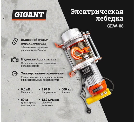 Электрическая лебедка Gigant 300/600 кг, 220 В, 60/30 м, Диаметр троса 6мм, GEW-08