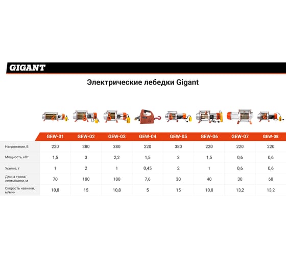 Электрическая лебедка Gigant 500/1000 кг, 220 В, 40/20 м, Диаметр троса 6мм, GEW-06