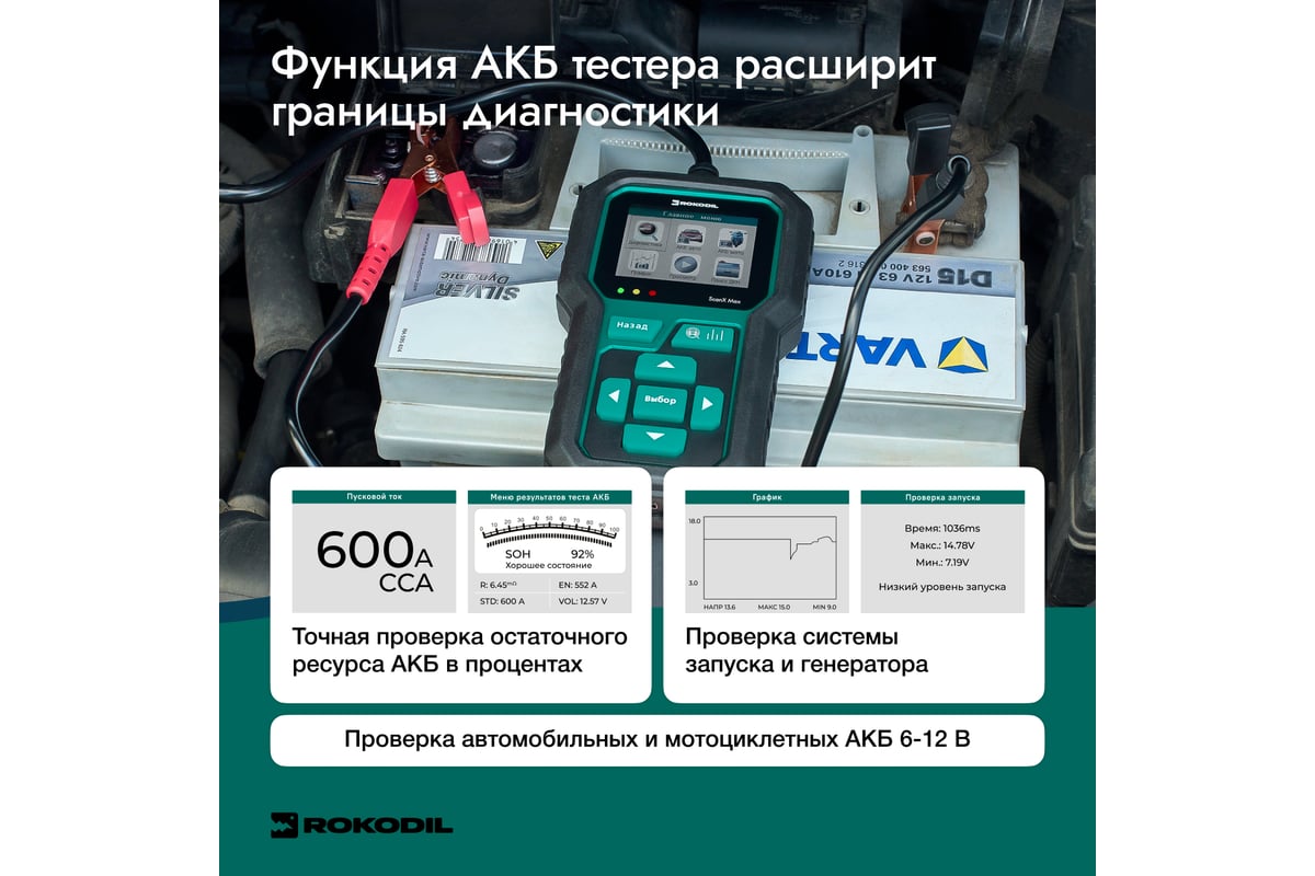 Автосканер, тестер для диагностики автомобиля и АКБ Rokodil ScanX Max 2в1,  OBD2, не ELM 327 1045885