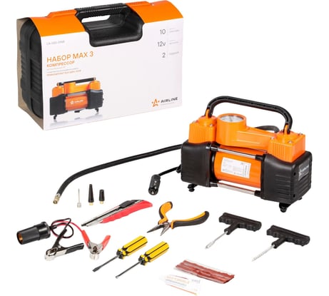 Двухпоршневой компрессор AIRLINE X5 с комплектом инструмента, 2 отвертки, ремкомплект для бескамерных шин, нож, плоcкогубцы CA-020-01NR