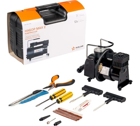 Компрессор AIRLINE TORNADO S с комплектом инструментов, в кейсе, 2 отвертки, ремкомплект для бескамерных шин, нож, плоcкогубцы CA-020-01N