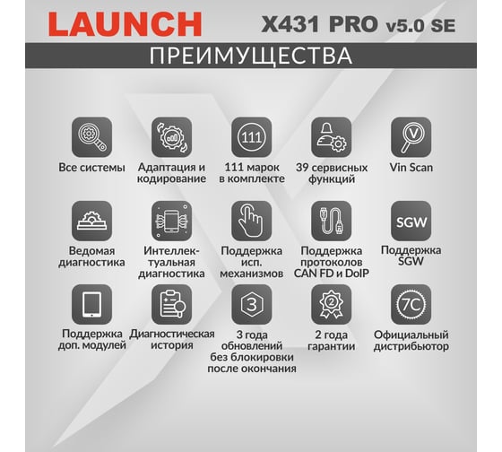 Диагностический мультимарочный сканер Launch X431 PRO v5.0 SE без адаптеров OBD-I LNC-117
