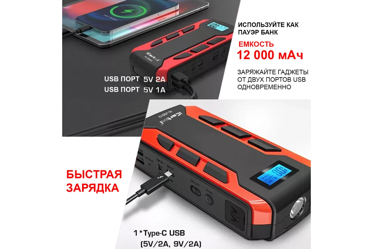 Пусковое устройство iCarTool 12 В, 12 000 мАч, 500/800 А IC-JSD12