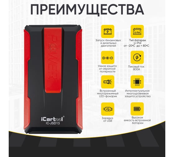 Пусковое устройство iCarTool 12 В, 12 800 мАч, 400/800 А IC-JSD13