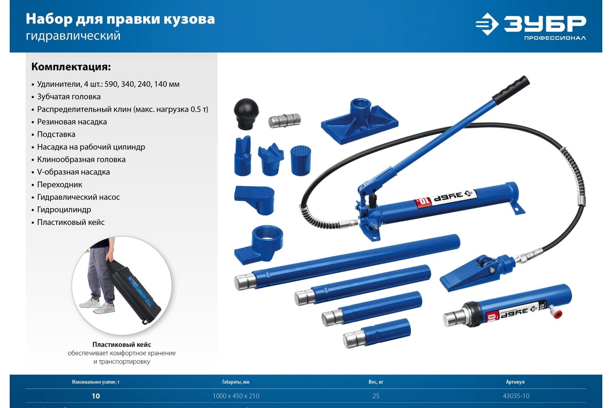 Гидравлический набор для правки кузова ЗУБР Профессионал 10т, в кейсе  43035-10_z01 - выгодная цена, отзывы, характеристики, фото - купить в  Москве и РФ