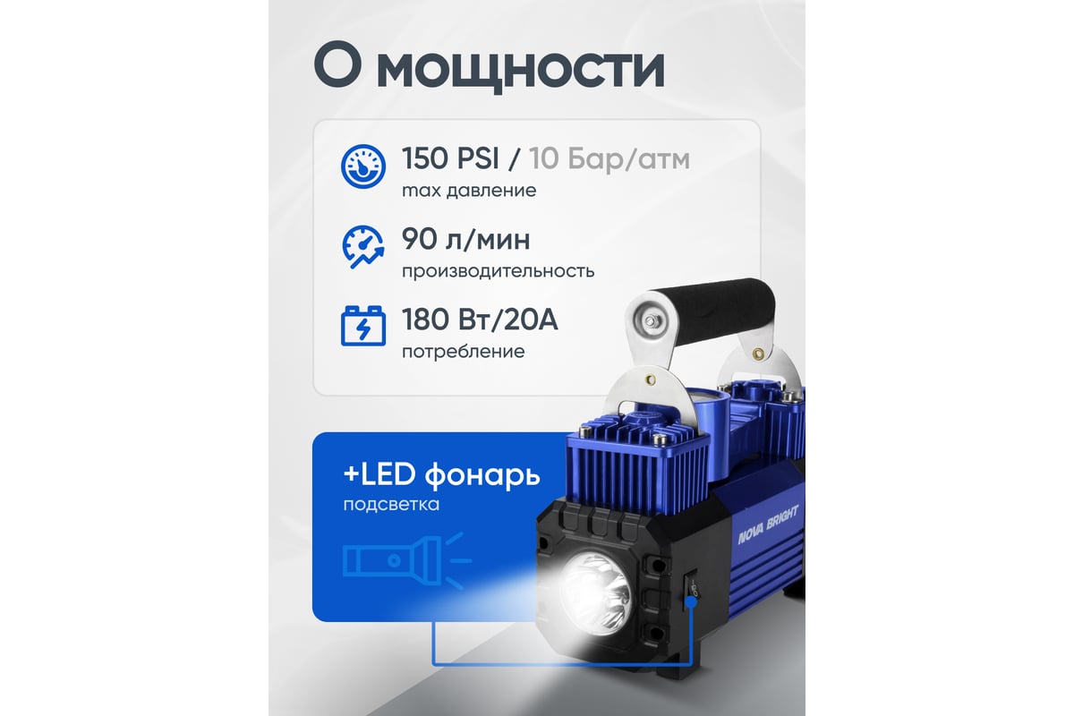 Компрессор nova bright ак-90 двухпоршневой, до 90 л/мин., 150 psi, 12в, металл.корпус, пластик.кейс, цифровой манометр, led-фонарь 36450