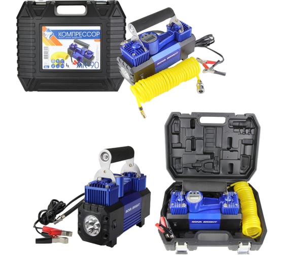 Компрессор Nova Bright АК-90 двухпоршневой, до 90 л/мин., 150 PSI, 12В, металл.корпус, пластик.кейс, цифровой манометр, LED-фонарь 36450