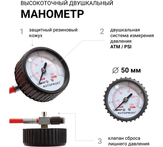 Воздушный компрессор AUTOPROFI 75 л./мин., 12v/30a, 300w, шланг 5 м., шнур питания 3 м., питание от акб, клапан для регулир. давления, набор из 4-х переходников для надувн. изделий, переходники для накач. лодок, сумка AK-750