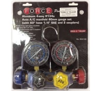 Алюминиевый блок манометров для фреона R134A FORCE 9G4108 (2 крана, 4 цветных шланга 60х1/4)