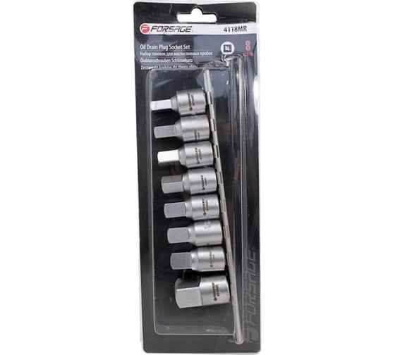 Набор головок-квадратов для маслосливных пробок Forsage 8 пр., 1/2" 8, 9, 5, 10, 10, 5, 12, 12, 7, 13, 5, 19 мм, на планке F-4118MR 9747 1