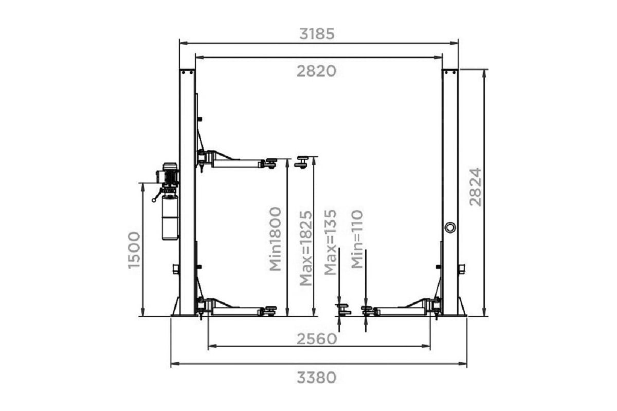 Двухстоечный подъемник KraftWell г/п 3200 кг. электрогидравлический, высота  2824 мм., сеть 380 В, упр. стопорами на 2-х колоннах KRW3DLM