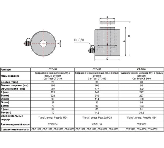 Гидравлический цилиндр с полым штоком Car-tool CT-3439