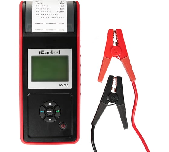 Тестер аккумуляторных батарей iCartool IC-500, АКБ 12/24В, до 2000А, тест системы пуска и зарядки, вольтметр, съемные кабели, принтер