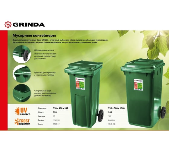 Мусорный контейнер GRINDA МК-120 с колёсами, 120 л 3840-12