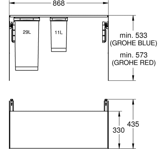 Система сортировки мусора GROHE 90 см, 2x29+11 л 40982000