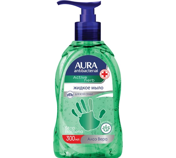 Жидкое мыло-крем AURA 300 мл, antibacterial, антибактериальное, экстракт алоэ, дозатор, 28427 602461 1