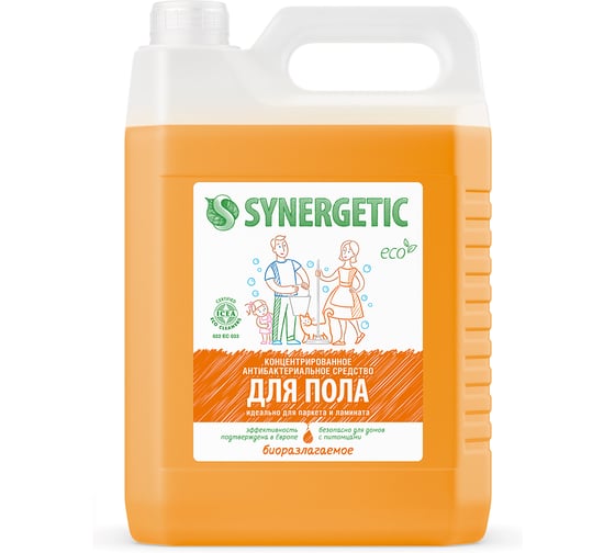 Средство для мытья пола и поверхностей SYNERGETIC 5 л, c дезинфицирующим эффектом, биоразлагаемое 605556 101500