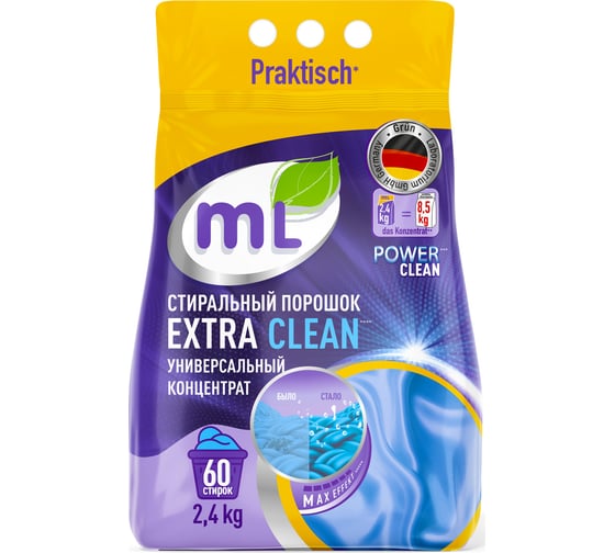 Стиральный порошок MEINE LIEBE для цветного и белого белья mL EXTRA CLEAN, универсальный концентрат, эффективная формула, 2.4 кг ML31226 1