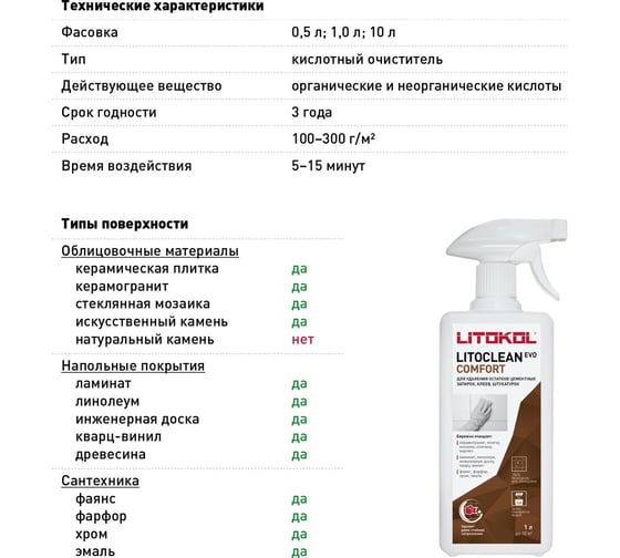 Средство для удаления остатков цементных растворов LITOKOL LITOCLEAN COMFORT EVO 0,5L 504870002