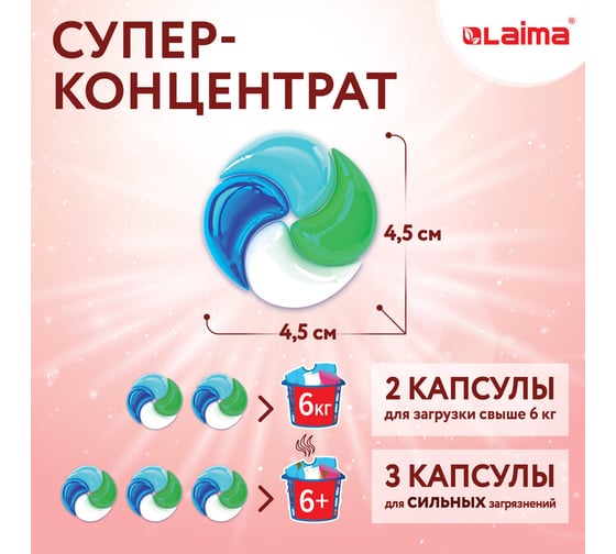 Капсулы для стирки белья большие концентрат LAIMA 4 в 1, с кондиционером, Райский сад, 60 шт. 608876
