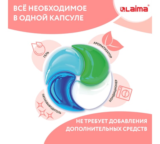 Капсулы для стирки белья большие концентрат LAIMA 4 в 1, с кондиционером, Райский сад, 60 шт. 608876