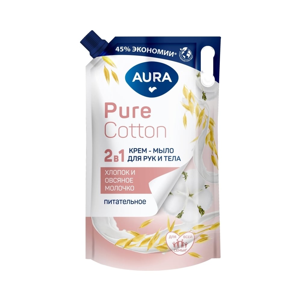 Крем-мыло AURA Pure Cotton 2в1 для рук/тела хлопок и овсяное молоко дойпак  850 мл 1967175