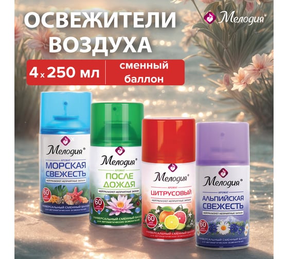 Освежитель воздуха сменный баллон МЕЛОДИЯ 250мл КОМПЛЕКТ 4шт,, ассорти ароматов 880992