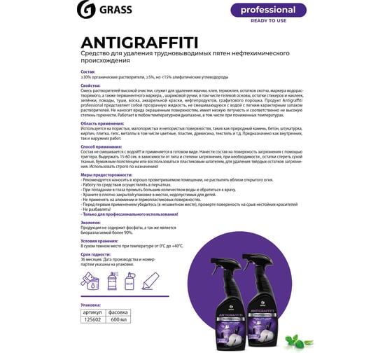 Средство для удаления пятен Grass Antigraffiti Professional флакон 600 мл 125602