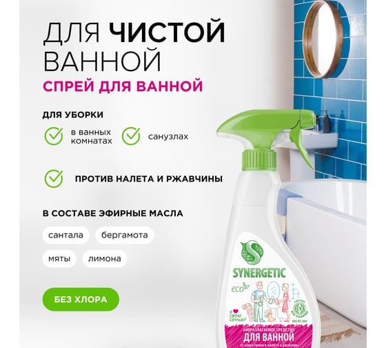 Средство для чистки сантехники, ванн, раковин, душевых кабин SYNERGETIC спрей, 500 мл 4613720438914 104052 104052/8