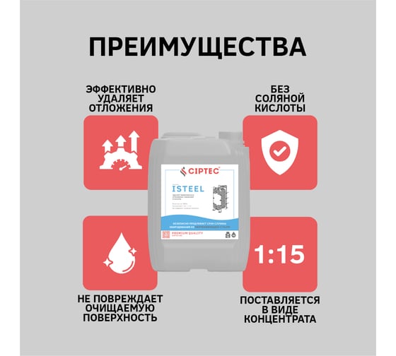 Средство CIPTEC ISTEEL для промывки теплообменников и ветхого оборудования из нержавеющих сталей, цветных и черных металлов от комплексных отложений, накипи и ржавчины, 19 л. (25 кг.) ciptecisteel19