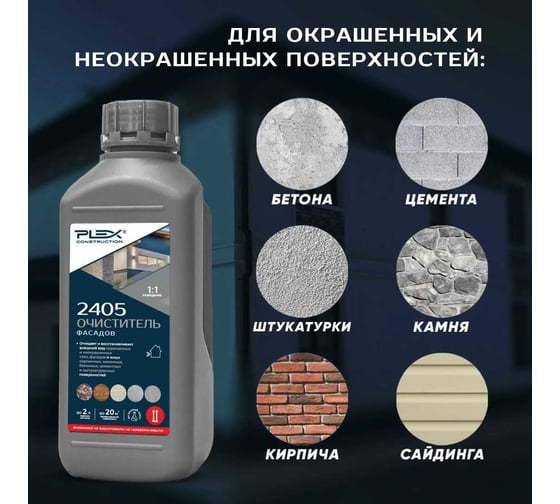 Очиститель фасадов и стен PLEX (концентрат 1:1) 1л 2405 УТ000007580