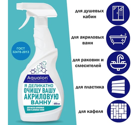 Средство для мытья акриловых ванн, душевых кабин, смесителей AQUALON 650 мл, Чистота акрила 12шт 207092
