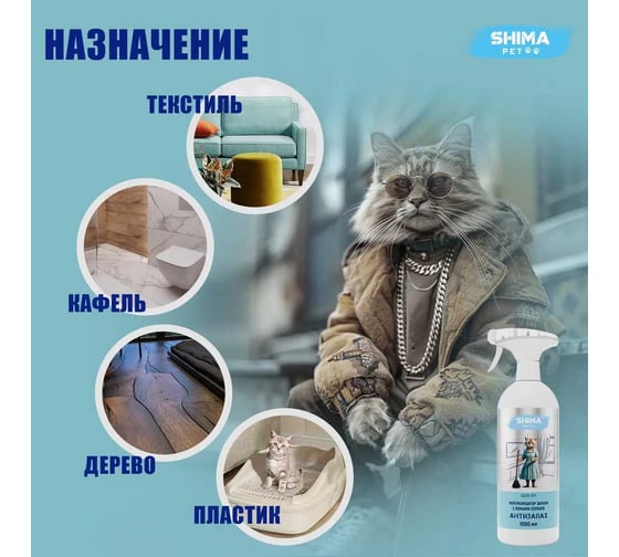 Нейтрализатор запахов и меток питомцев SHIMA PET "ODOR OFF" с ионами серебра, 1 л. 4673744566437