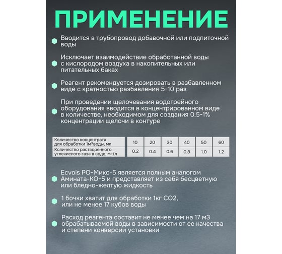 Ингибитор коррозии концентрат Ecvols РО-Микс-5 защита от ржавчины, поглотитель CO2, антискалант, 20 л 00.00011069