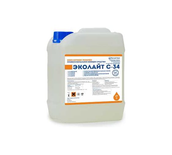 Концентрированное жидкое кислотное пенное средство для удаления минеральных и органических отложений Чистый Урал Эколайт С-34 10л 4631175913503 1