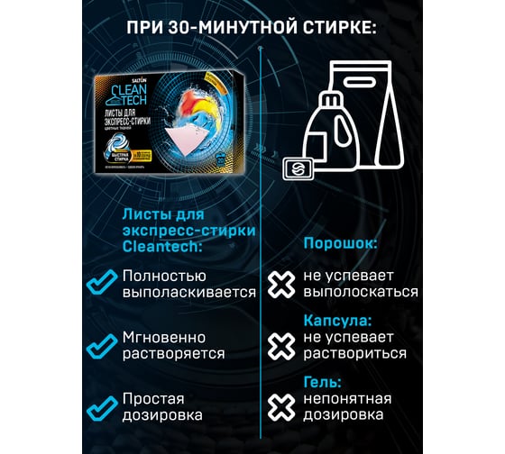 Листы для экспресс-стирки цветных тканей SALTON CleanTech с Летучей 12 20 шт SS021