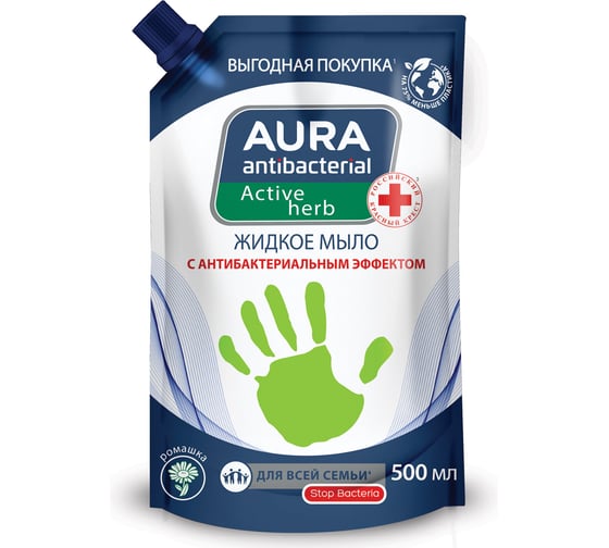 Мыло жидкое антибактериальное для всей семьи AURA 500мл АНТИБАКТЕРИАЛЬНАЯ Ромашка, дой-пак, 17247 702053