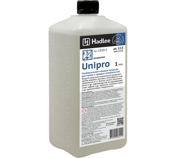 Щелочной низкопенный концентрат для полов и твердых поверхностей Hadlee Unipro 1л 1215-1