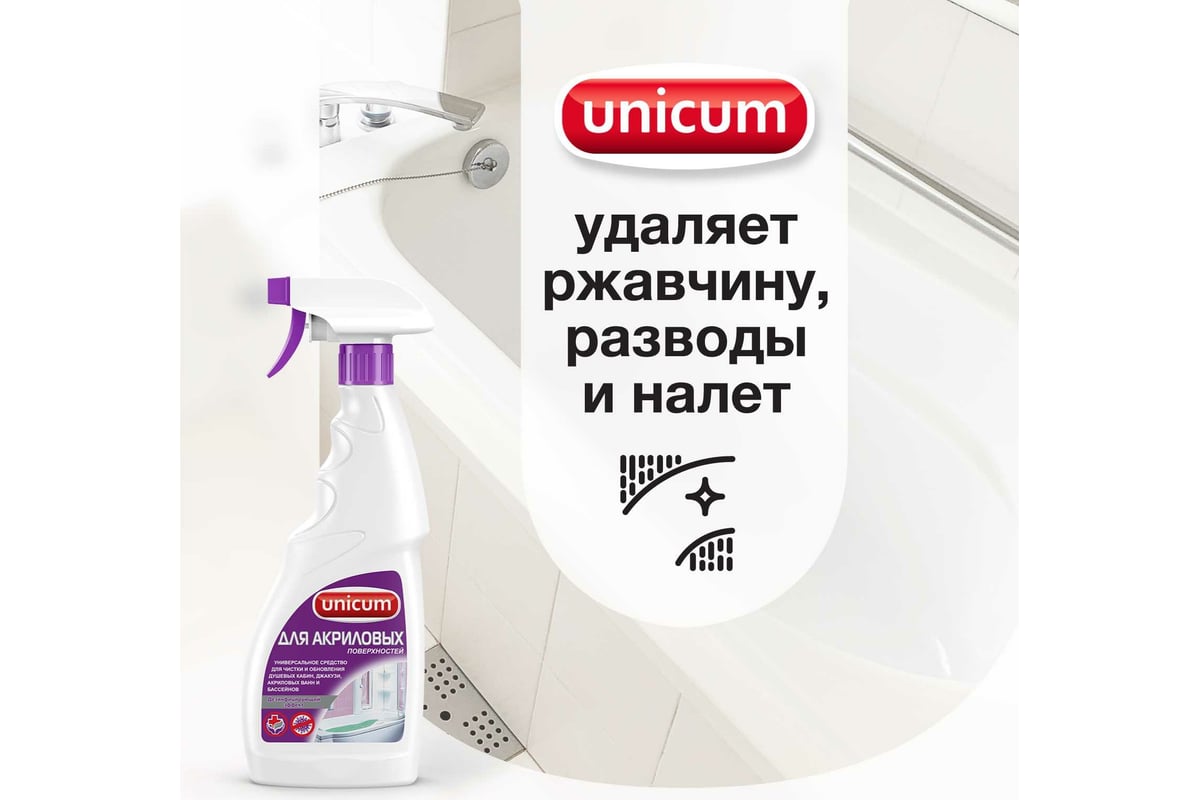Средство для чистки акриловых ванн и душевых кабин UNICUM 750 мл (спрей ...