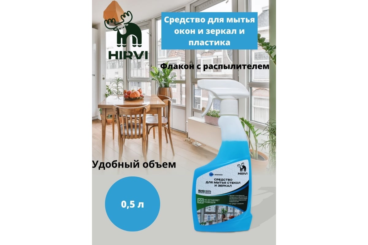 Средство для мытья стёкол и зеркал hirvi 0.5л арт 305а503