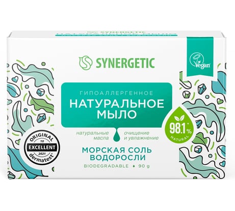 Натуральное туалетное мыло SYNERGETIC морская соль и водоросли, 90 г 500102