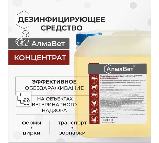 Дезинфицирующее средство с моющим эффектом для ветеринарии ООО "Базовая Дезинфекция" АлмаВет 5 л, евро канистра АЛВЕТ-8001