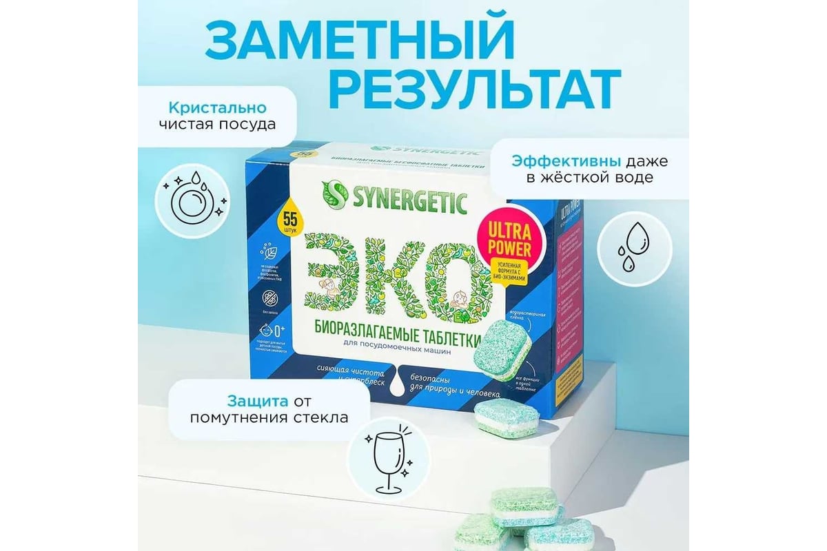 Биоразлагаемые бесфосфатные таблетки для посудомоечных машин SYNERGETIC  Ultra power 55 шт 102056avt