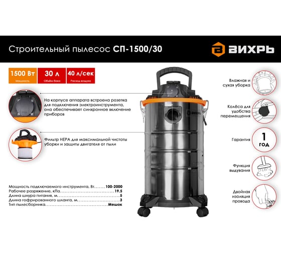 Строительный пылесос Вихрь СП-1500/30 72/19/2