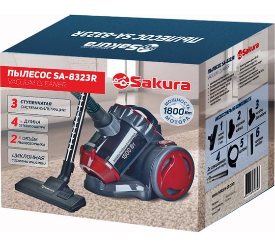Пылесос SAKURA SA-8323R 1800Вт, красно-серый УТ000000934