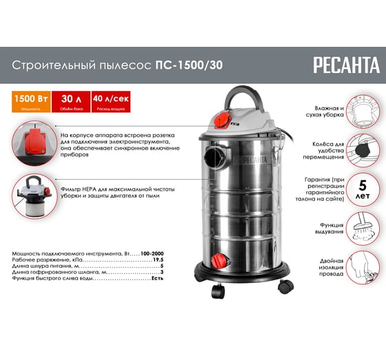 Строительный пылесос Ресанта ПС-1500/30 75/19/2